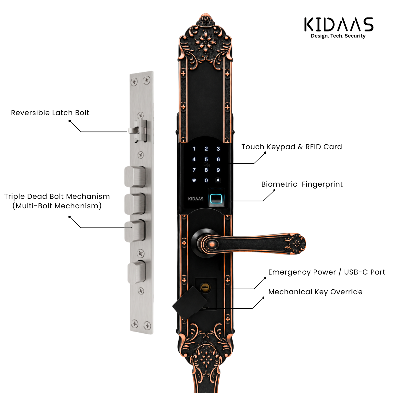 Kidaas Z2 Smart Lock (Copper)– 5-in-1 Keyless Entry (Fingerprint, App, Card, Password, Key) - Image 4